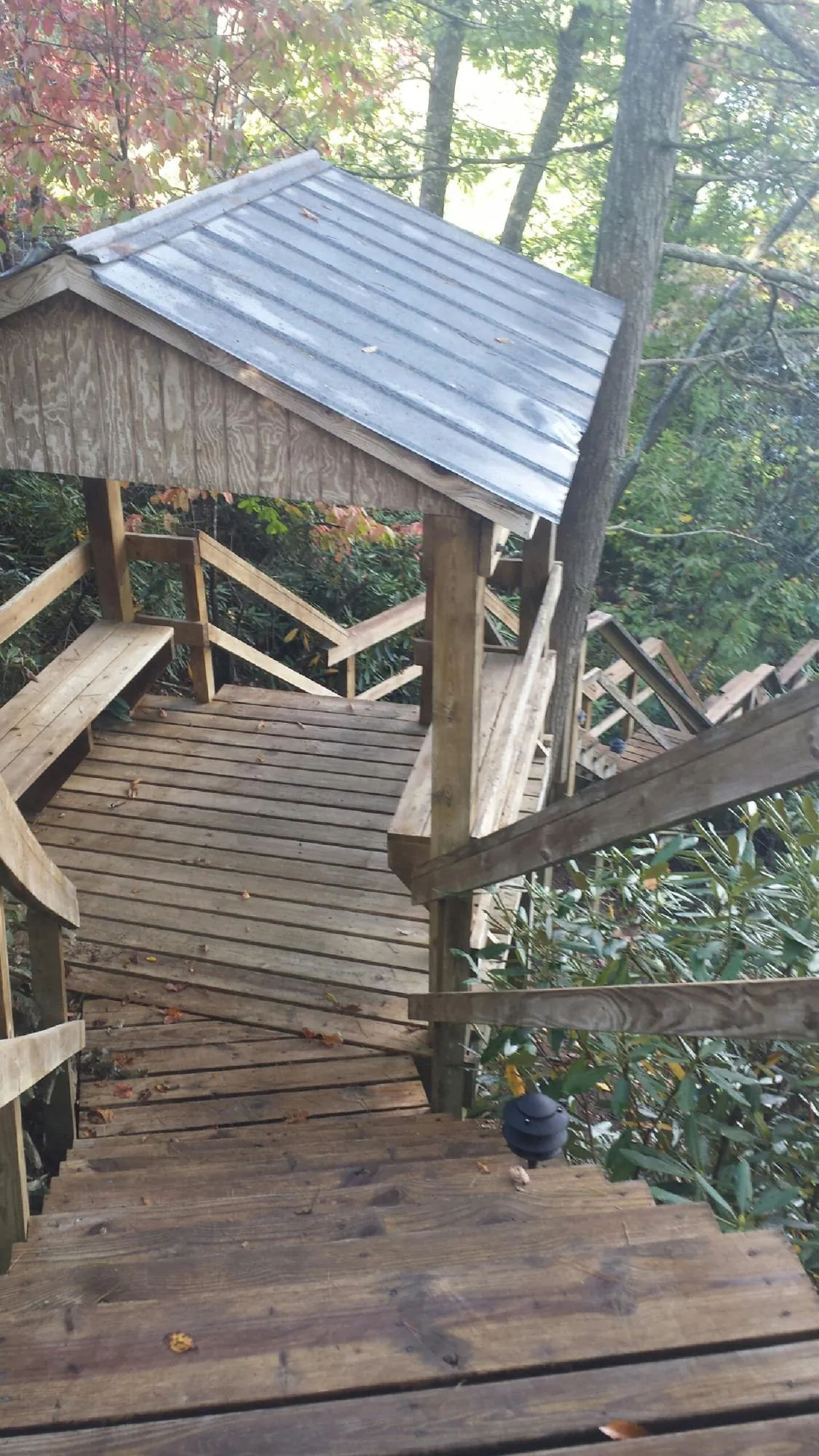 Metal roofed shelter over wooden steps on a wooded walkway — Skylight Repair & Installation work by our crew in Nixon